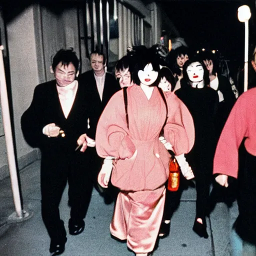 Image similar to Street photography, Bjork, a close up of several people leaving a seedy nightclub at 5am, they are smoking, someone is screaming, Kabuki makeup, Kodachrome