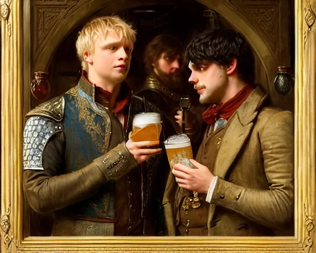 Image similar to arthur pendragon and attractive merlin go to a pub together to have some drinks. highly detailed painting by gaston bussiere, greg rutkowski, j. c. leyendecker 8 k