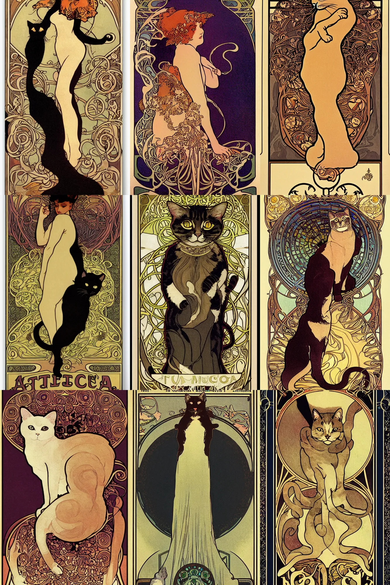 Prompt: Poster illustration of a cat, Art Nouveau by Mucha