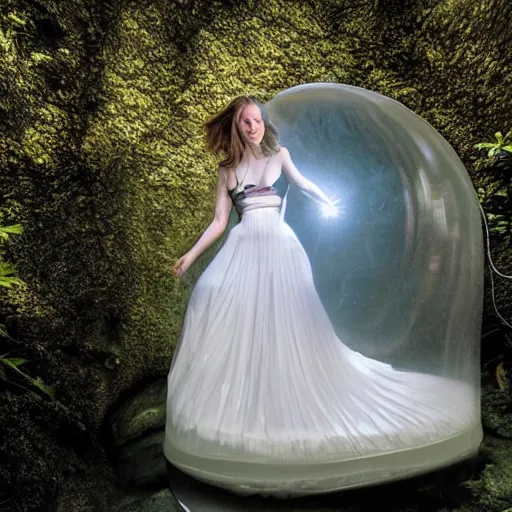 Prompt: photo by mort kunstler and annie leibovitz and monia merlo, a woman wearing a giant inflated clear plastic dress containing an aquarium, backlit, 4 d, 4 k, volumetric lighting, photorealistic, light ray, hyperdetailed