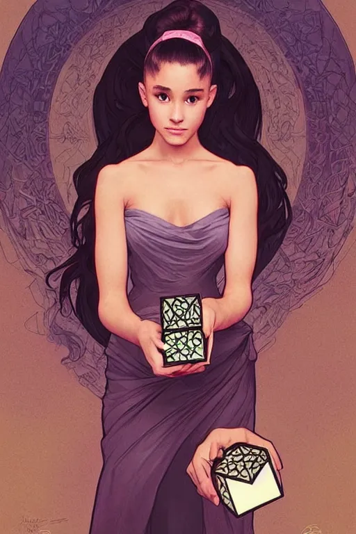 Prompt: beautiful cottagecore Ariana Grande holding a cube , intricate, elegant. highly detailed, digital painting, artstation, concept art, smooth, sharp, focus, illustration, background color fffd32, art by artgerm and greg rutkowski and alphonse mucha