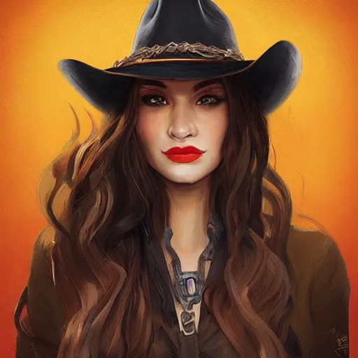 Prompt: portrait of a young woman, long dark hair and an angular face with a scar across the chin. cowboy hat, daring and bold, con - artist and spy, beautiful, rpg, dnd, artgerm