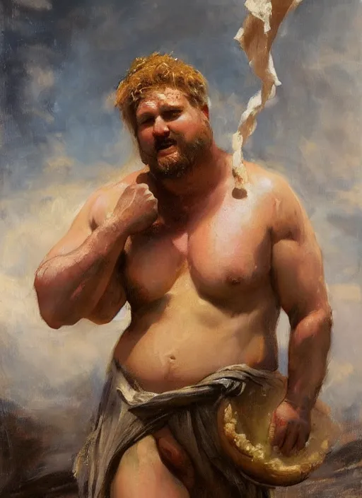 Image similar to beautiful oil painting portrait of hefty ethan van sciver as an ancient roman god holding up a steaming pie with one arm, art by anders zorn, wonderful masterpiece by greg rutkowski, expressive brush strokes, beautiful cinematic light, american romanticism by greg manchess, jessica rossier