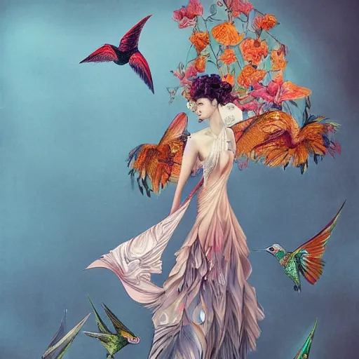 Image similar to full length view of a beautiful girl wearing an origami dress, hummingbirds, elegant, by esao andrews, by eiko ishioka, givenchy, by peter mohrbacher, centered, enchanting, floral ornamentic on cloth and hair, detailed beautiful face, high depth of field, origami, detailed fashion illustration, vogue, japanese, reallusion character creator