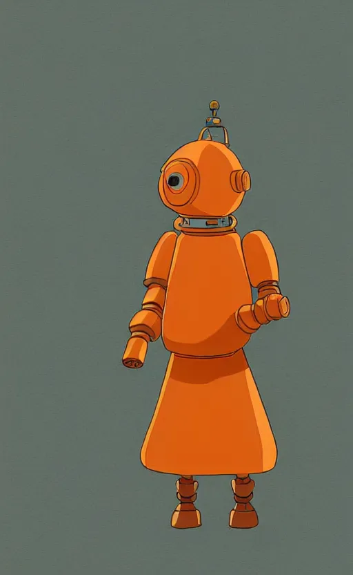 Image similar to a study of cell shaded cartoon of an orange robot monk from howl's moving castle ( 2 0 0 4 ) on a desert road, full body, wide shot, very muted colors, post grunge, studio ghibli, laurie greasley, highly detailed, deviantart, art by artgem