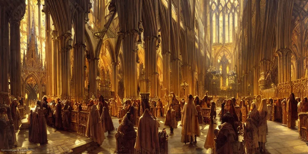 Image similar to inside a giant medieval cathedral, intricate details. highly detailed painting by gaston bussiere, j. c. leyendecker 8 k