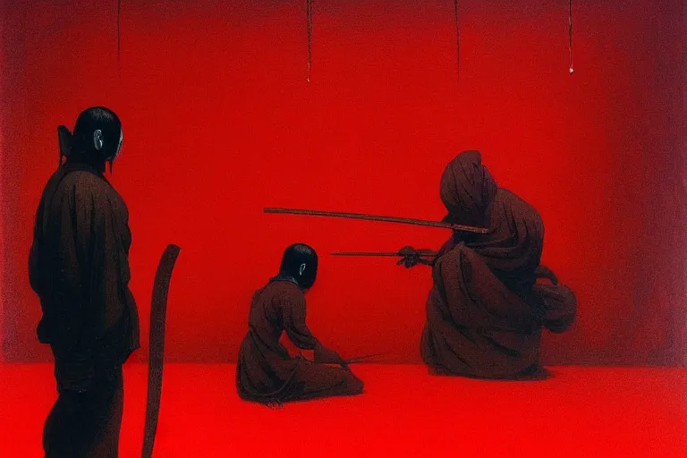 Image similar to only with red, a red samurai harakiri, tokio, a lot of frogs watch, in the style of beksinski, parts by edward hopper, parts by rodcenko, parts by yue minjun, intricate and epic composition, red by caravaggio, insanely quality, highly detailed, masterpiece, red light, artstation, 4 k