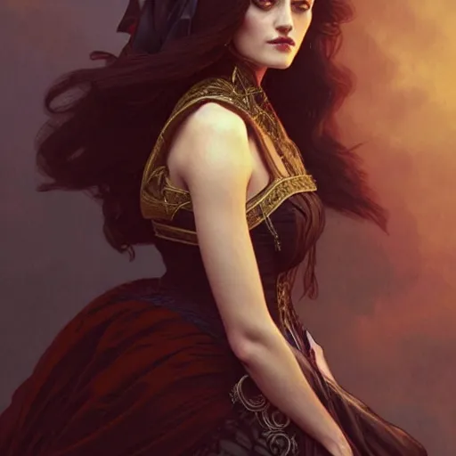 Image similar to Phoebe Tonkin dressed in Victorian fashion, D&D, fantasy, intricate, elegant, highly detailed, digital painting, artstation, concept art, matte, sharp focus, illustration, art by Artgerm and Greg Rutkowski and Alphonse Mucha