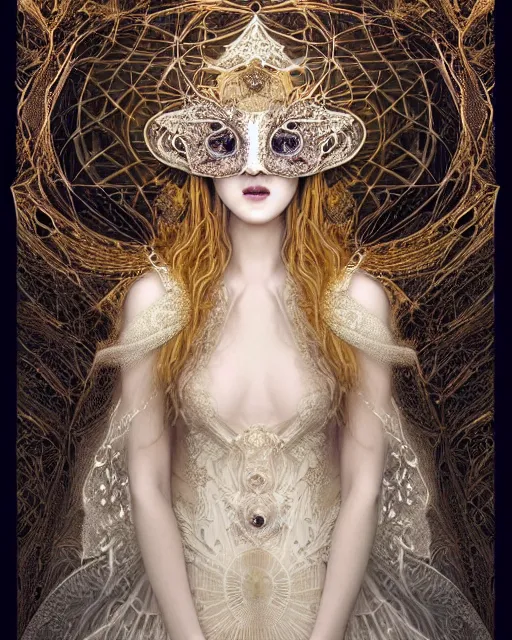 Image similar to beautiful ethereal maiden in a ivory masquerade mask intricate ornate fractal-lace and gemstones, wearing stunning ivory dress, ivory gold iridescent, full view, soft lighting, vivid, Hyperdetailed, 4k hd matte painting by Artgerm, Greg Rutkowski, Klimt, James Jean, 8k resolution, enchanting and otherworldly, Artstation, CGsociety, detailed, front view