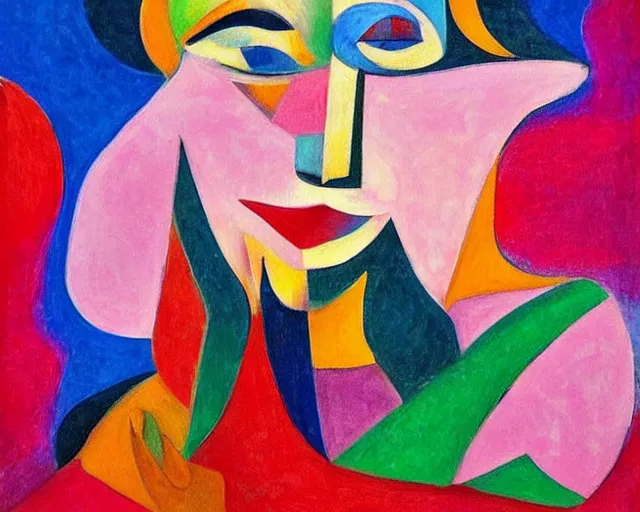 Image similar to woman in glorious robes rose up vast as the skies, old as the mountains and formless as starlight to shelter the precious memories, matter, messages, abstract art in the style of cubism and georgia o keefe