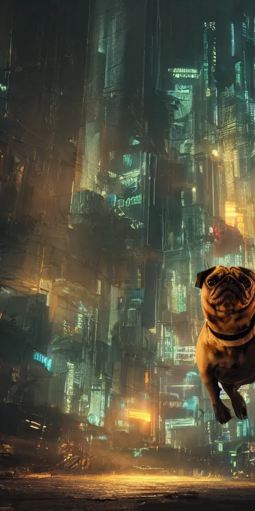 Prompt: an ancient pug destroying a dystopian city, cyberpunk, sharp focus, dynamic lights, still, photograph, hyper realistic, masterpiece, octane render, rendered, 3 d, cinematic, cinematic lighting, dramatic lighting, highly detailed, intricate details, texture, cinematic composition, wide shot, by donglu yu and kevin jick and eddie del rio