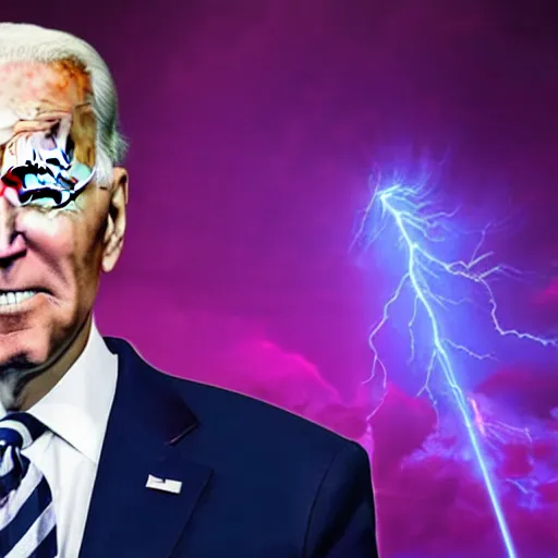 Prompt: joe biden laser eyes meme as evil emperor with lightning, synthwave style