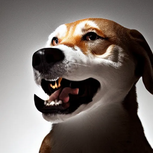 Image similar to barking angry dog looking at monitor photo dramatic lighting