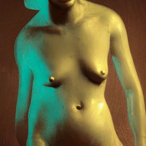 Image similar to art by camille corot, zeng fanzhi, teal chinese abstract shattered statue standing in god rays, beautiful female body and golden glue dripping acrylic portrait, mechanical superstructure, sacred geometry, supermodel body, beautiful light, statue of carving marble, intricate 8 k render, dark mood, cinematic light, golden spirals, clockwork