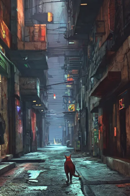 Image similar to stray cat walking through the alleys of a cyberpunk city, realistic, cinematic, ambient, unreal engine