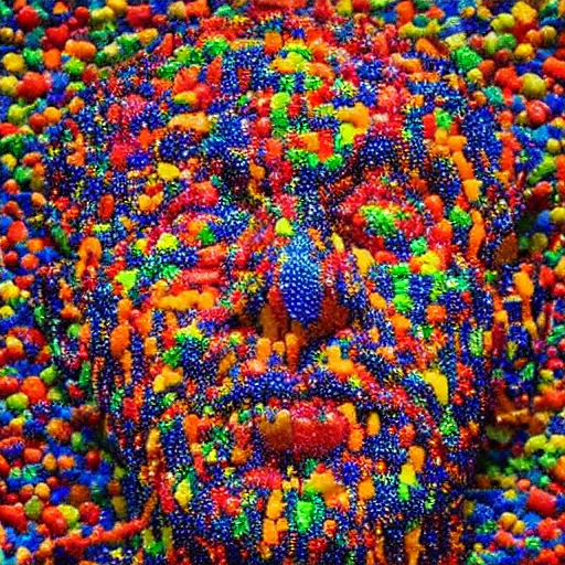 Prompt: a giant human head sculpture made out of thousands of small gummy bears placed on the surface of the ocean, in the style of chad knight, long shot, hyper detailed, hyper realistic, ray tracing, 8 k resolution, sharp focus, realistic water, award winning