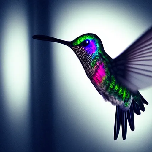 Image similar to realistic!!!! cybernetic!!!!!!!!!!!! hummingbird, studio lighting, dark background, exposed mechanics