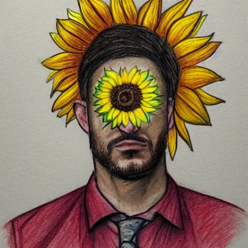 Prompt: long shot portrait, man with a sunflower instead of a head wearing a business suit, color pencil sketch