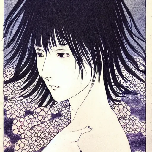 Image similar to prompt: Fragile looking soft light portrait face drawn by Takato Yamamoto and Katsuhiro Otomo, inspired by Ghost in Shell anime, magical and alchemical objects on the side, soft light, intricate detail, intricate ink painting detail, sharp high detail, manga and anime 2000