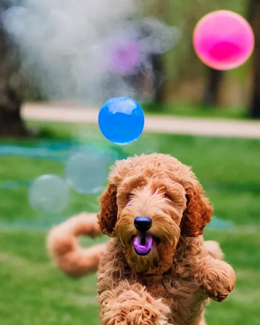 Image similar to stock photos of a golden doodle puppy chasing after a toddler who is blowing giant soap bubbles