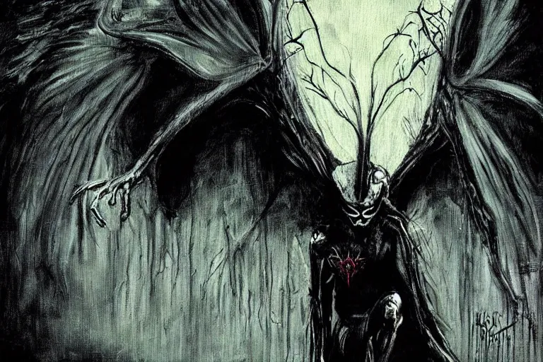 Image similar to mad horror painting of mothman by ben templesmith