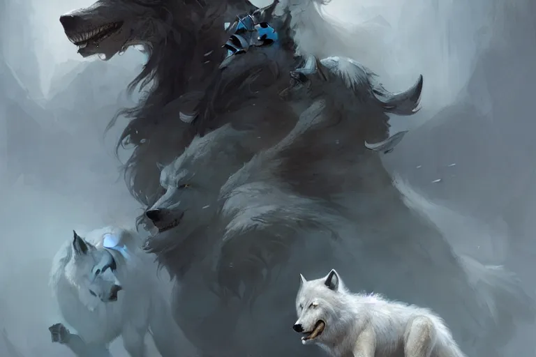 Prompt: white wolves painted by Bastien Lecouffe-Deharme and Cedric Peyravernay, trending on artstation, Frank Frazetta, 4k, 8k, HD