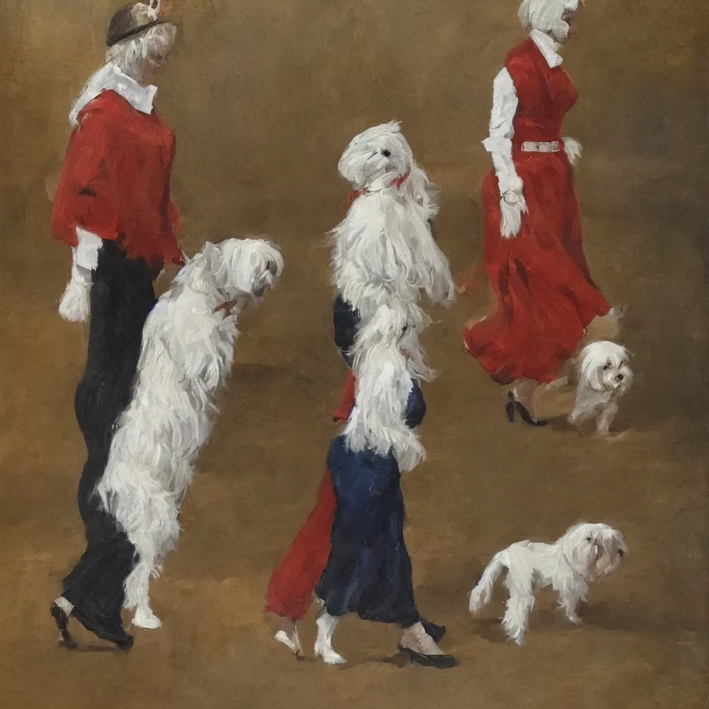 Image similar to A beautiful woman with freckles walking a Maltese Terrier in Buckingham Palace, oil paint on canvas, art,