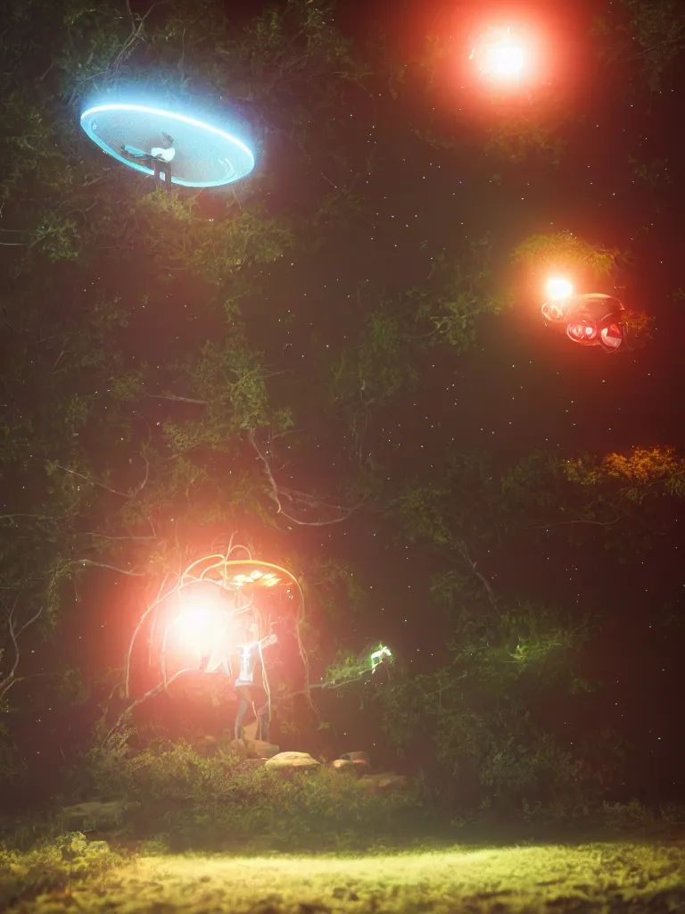 Prompt: its midnight and Bigfoot is engulfed in light while being abducted by a flying saucer with multi-colored lights, cinematic, hyper realism, high detail, bright lights, octane render, 8k