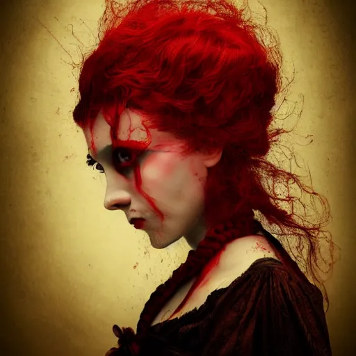 Image similar to dark schizophrenia portrait, death not dresses body red head woman in medieval dress, strangled with rope, blur effect face, victorian style, high detail