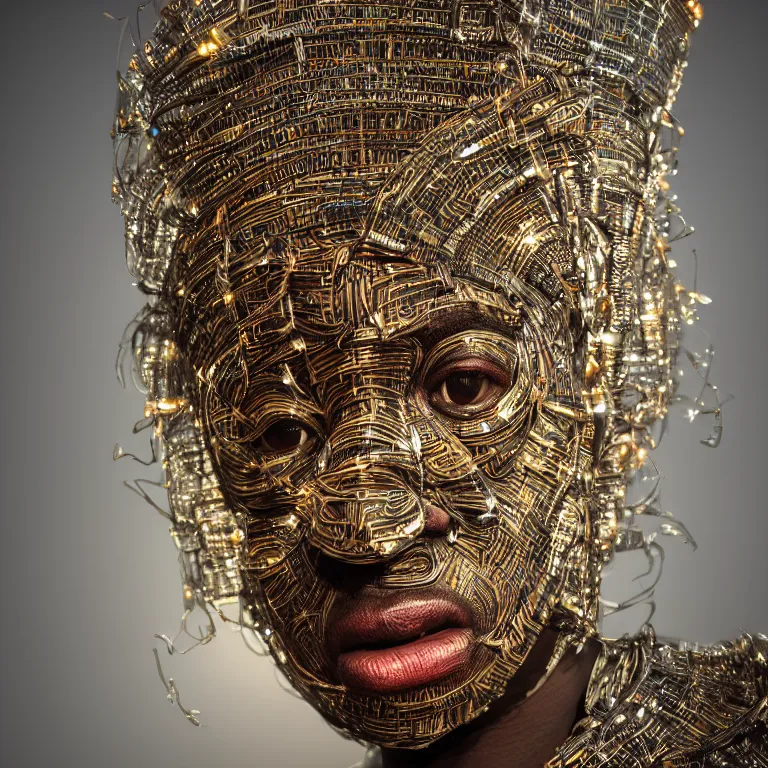 Prompt: hypperrealism octane render portrait by wayne barlow and carlo crivelli and glenn fabry, an afrrican mandinka dancer wearing an elaborate costume made of long strips of aluminum foil and hand - carved mask with intricate painted details surrounded by neon light tubes, cinema 4 d, ray traced lighting, very short depth of field, bokeh