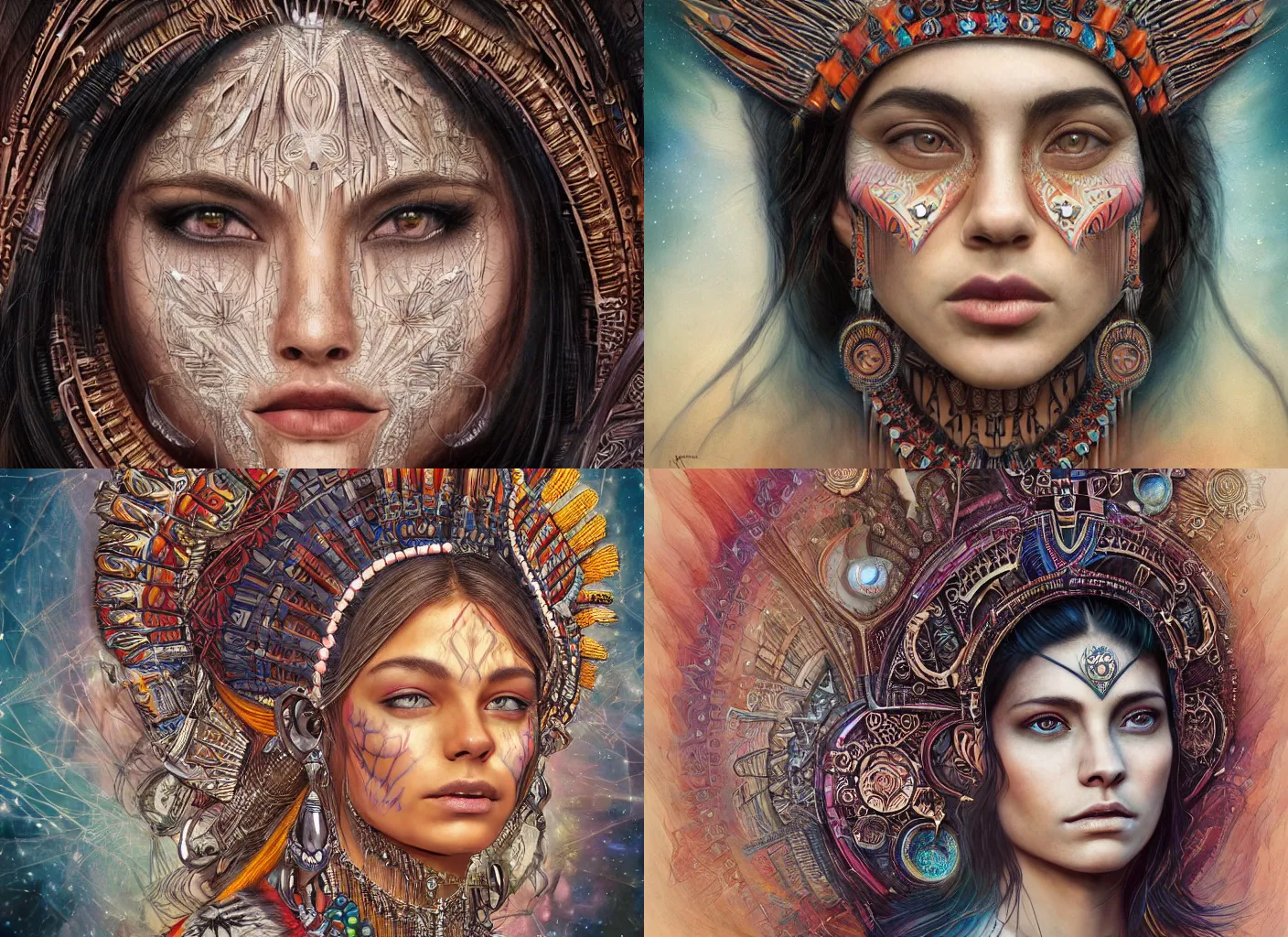 Prompt: realistic character concept, aztec princess with lots of fractals in the face, elegant pose, scifi, illustration, symmetrical face and body, artstation, cinematic lighting, hyperdetailed, 8 k, inspirate by michael shapcott, inspirate by melissa forman, insanely detailed and intricate, elegant, dark fractal background, vfx, art deco, postprocessing