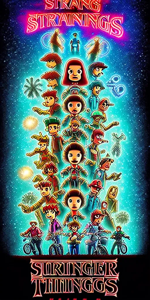 Image similar to animated version of Futurama Stranger Things poster by Matt Groening, cartoon, detailed faces, high resolution, hyper detailed, intricate, illustrated, dramatic lighting !n-9