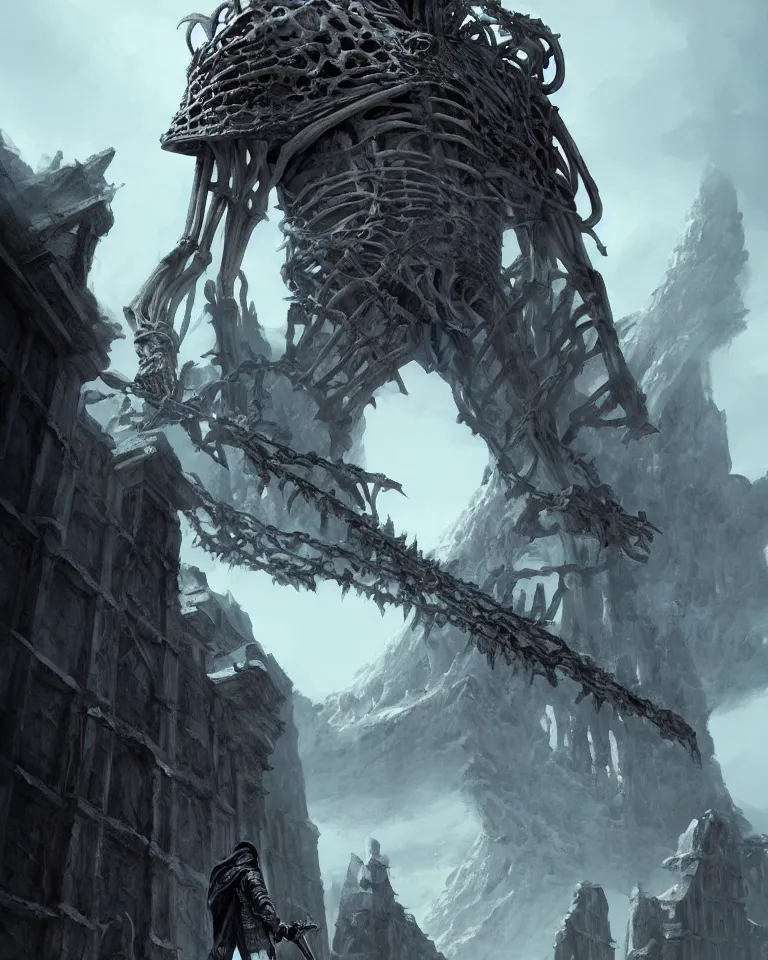 Image similar to a giant skeleton overlooking a tombstone mountain, elden ring boss, dark souls boss, trending on cgsociety, concept art by wayne haag and ignacio fernandez rios and wlop