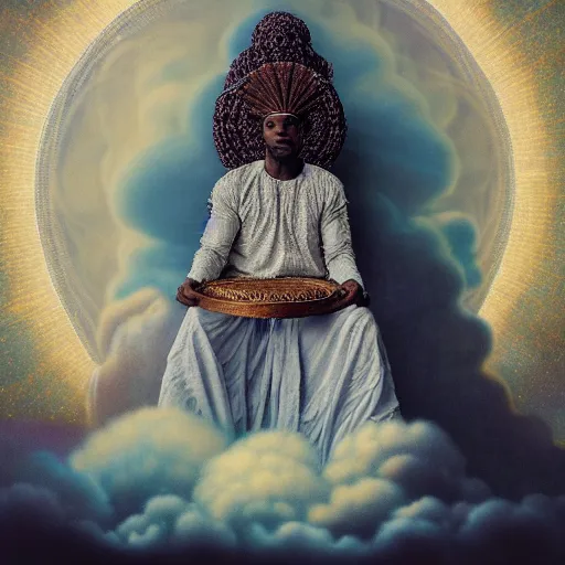 Image similar to obatala the cosmic god sitting on a throne of nebula clouds, by Agostino Arrivabene and amanda sage, matte painting, orisha, surreal portrait, 8k, hd