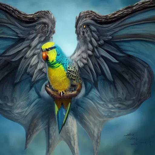 Prompt: an oil painting of a budgie with dragon wings, hd, hdr, ue 5, ue 6, unreal engine 5, cinematic 4 k wallpaper, 8 k, ultra detailed, high resolution, artstation, award winning