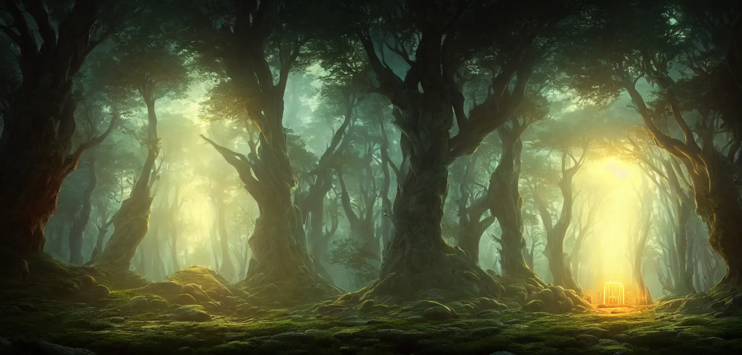 Image similar to random mystic forest huge house landscape, big glowing magic giant portal, huge central symmetrical composition, incredible, vector art, octane render, fabulous, hyper detailed, random cinematic view, no noise, global illumination, warm lighting, volumetric, godrays, vivid, beautiful, by jordan grimmer