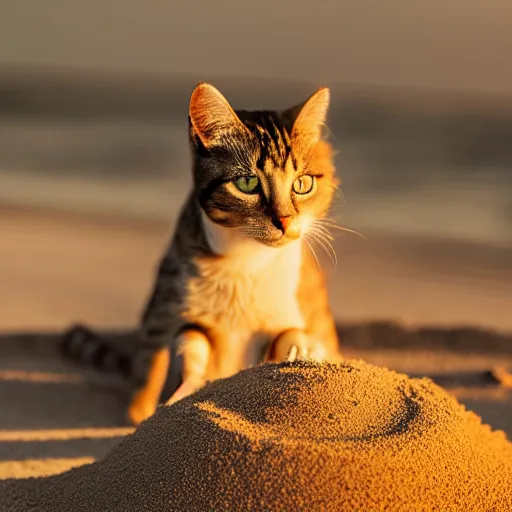 Prompt: Photo of a cat building a sandcastle on a beach, photorealistic, 8K photo, golden hour, award winning