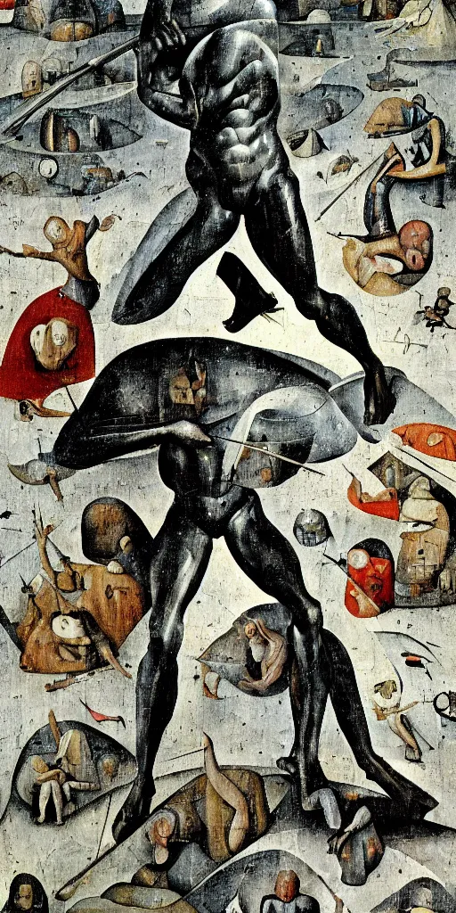 Prompt: the silver surfer by hieronymus bosch, highly detailed, realistic, abstract background, action pose