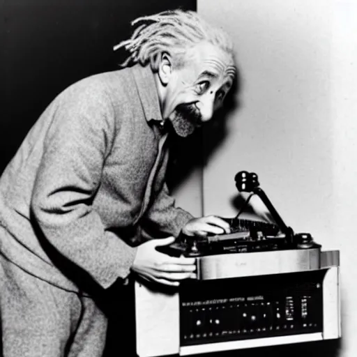 Image similar to photo of Albert Einstein DJing a phonograph, vintage