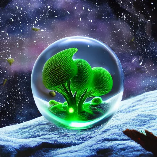 Image similar to alien planet, lush with fluorescent mushrooms encapsulated in a snow globe, high detail, photorealistic