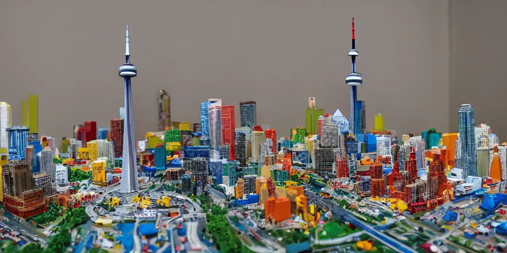 Prompt: a model of toronto, cn tower, skydome, constructed out of fast food cups and packaging, miniature photography, diorama, wide - angle macro lens, art, award - winning, beautiful high resolution