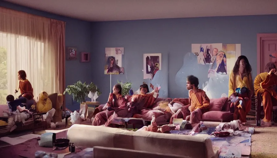 Image similar to movie still by alejandro jodorowsky of a beautiful day in a family living room in suburban usa, visible magic energy, dream creature costumes, floating planets, talking animals, glowing parade float, cinestill 8 0 0 t eastmancolor technicolor, high quality, very detailed, heavy grain, fine facial features, 8 k, octane render