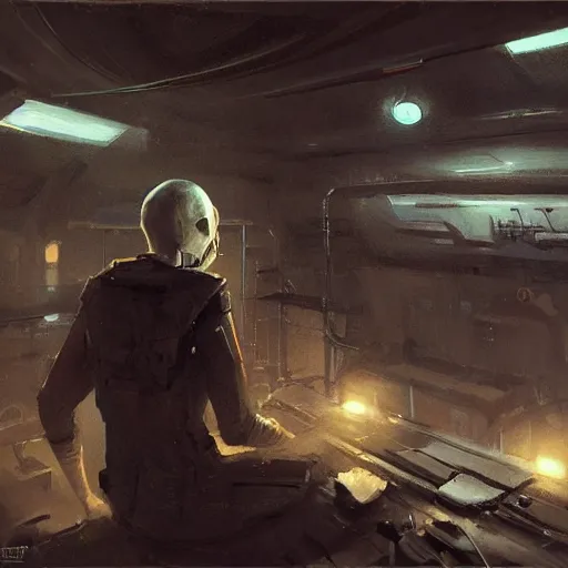 Image similar to concept art by greg rutkowski, a very tall, and slender man with short black hair, sitting with the crew in the ship's bridge, brutalist futuristic interior, dark lighting atmosphere, detailed portraits, nostalgic atmosphere, scifi, digital painting, artstation, concept art, smooth, sharp foccus ilustration, artstation hq