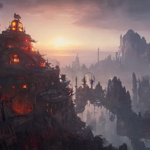 Prompt: a fantasy city built on a gargantuan hermit crab crawling across the landscape, hermit crab titan, steampunk metropolis on the shell of the crab, fantasy art by Jan Urschel and greg rutkowski, epic fantasy art, 4k, sunset lighting