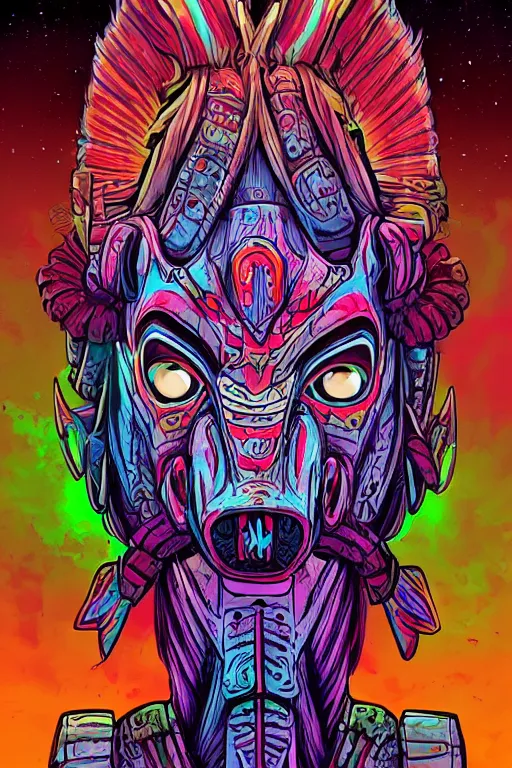 Prompt: totem animal tribal chaman vodoo mask feather gemstone plant video game illustration vivid color borderlands by josan gonzales and dan mumford radiating a glowing aura