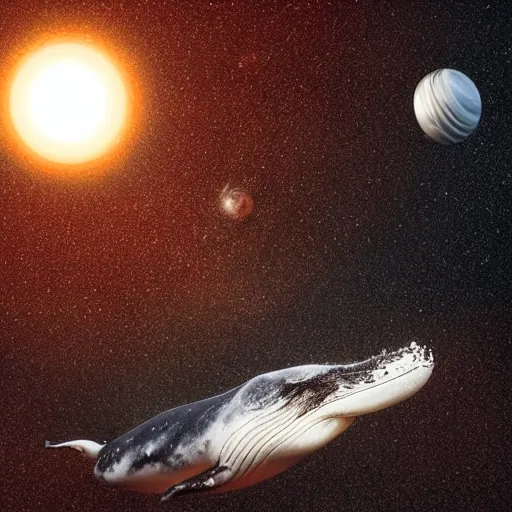 Prompt: a humpback whale floating through space with stars and planets, diffused light, golden ratio, 8 k in style of anna ancher