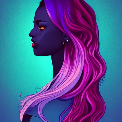 Image similar to a stunning upper body portrait of a beautiful woman with ombre hairstyle in purple and pink blowing in the wind by marvel comics, digital art, trending on artstation