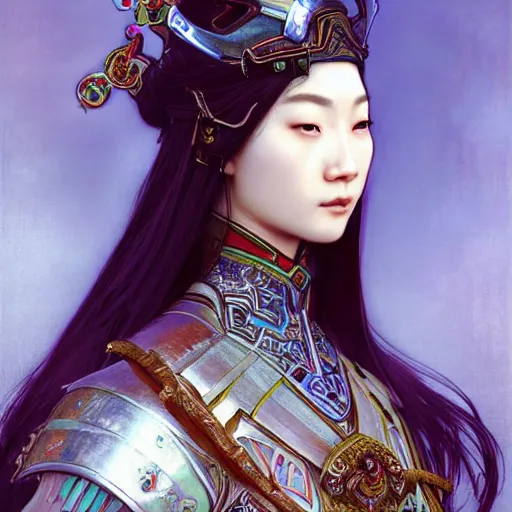 Image similar to beautiful and divine and holy and elite and colorlpunk young three kingdom chinese female armor knight portrait +shinnyy eyes+front face with light flowing hair, ultradetail face, art and illustration by tian zi and craig mullins and WLOP and alphonse mucha, fantasy, intricate complexity, human structure, human anatomy, fantasy character concept, watermark, blurry, hyperrealism 8k