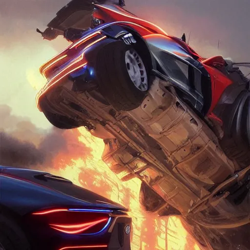 Prompt: ultra realistic illustration, a sportscar on fire, highly detailed, digital painting, artstation, concept art, smooth, sharp focus, illustration, art by artgerm and greg rutkowski and alphonse mucha