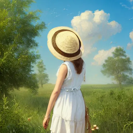 Prompt: girl in a white dress wearing sun straw hat looking at the bright blue sky with spiraling white sunny clouds digital art, highly detailed, intricate, by greg rutkowski, bright colours 8 k